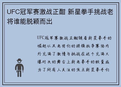 UFC冠军赛激战正酣 新星拳手挑战老将谁能脱颖而出